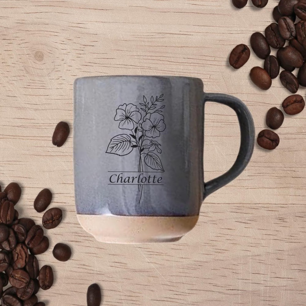 Personalized Birth Month Flower Mug - Engraved Stoneware Coffee Cup