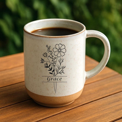 Personalized Birth Month Flower Mug - Engraved Stoneware Coffee Cup