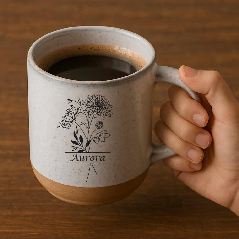 Personalized Birth Month Flower Mug - Engraved Stoneware Coffee Cup