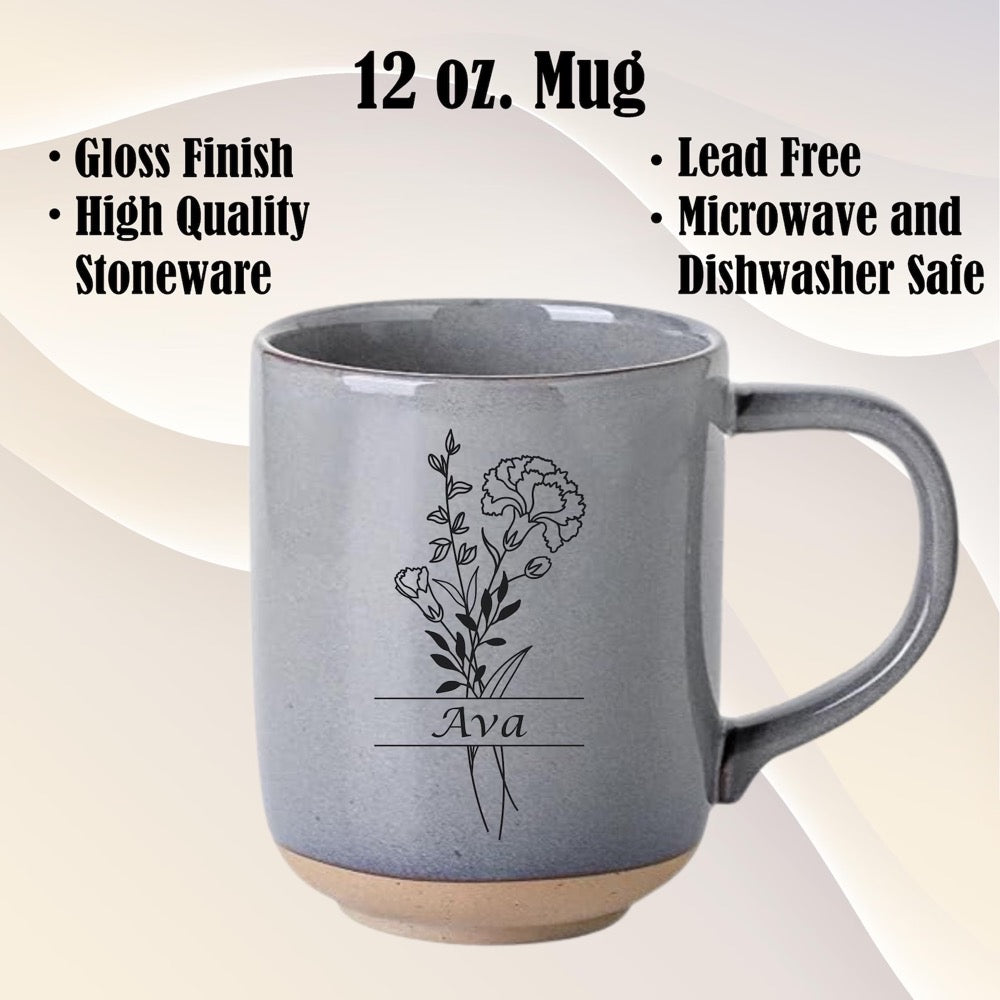 Personalized Birth Month Flower Mug - Engraved Stoneware Coffee Cup