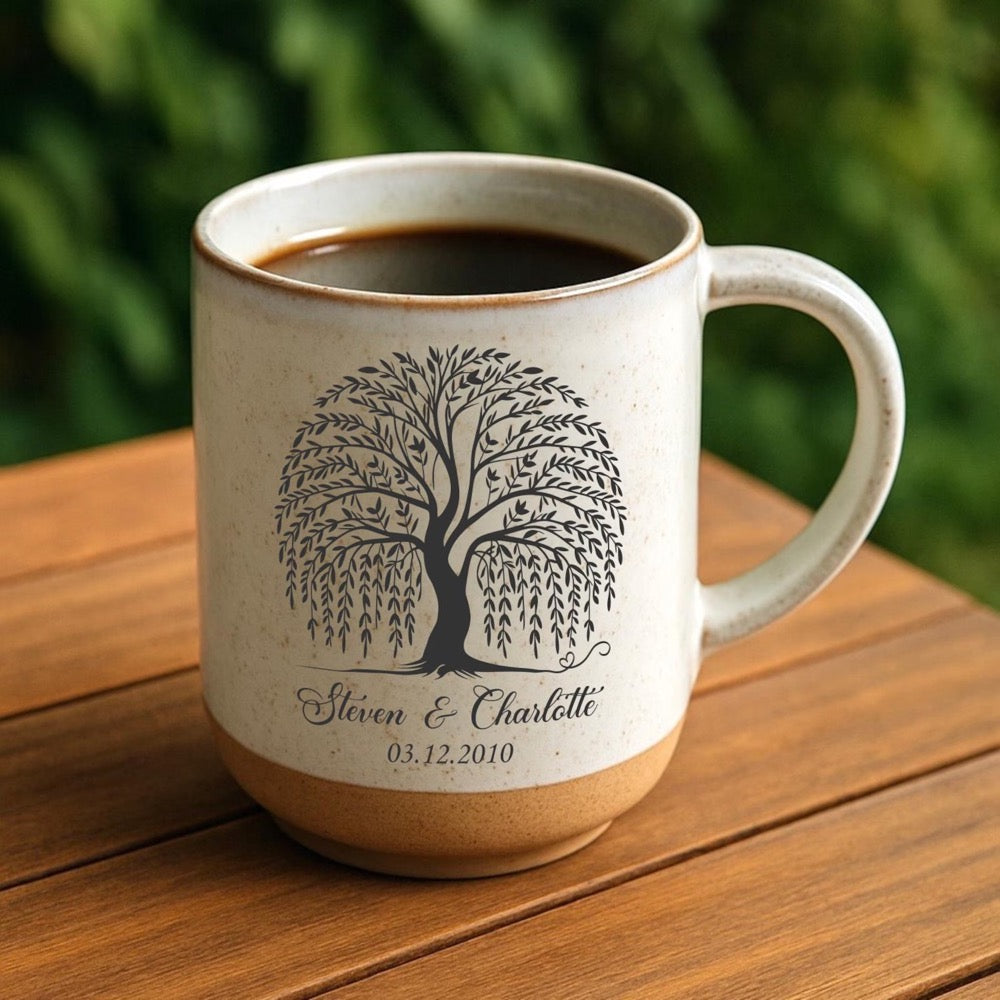 Personalized Willow Tree Coffee Mug: Engraved Stoneware 9th Anniversary Gift